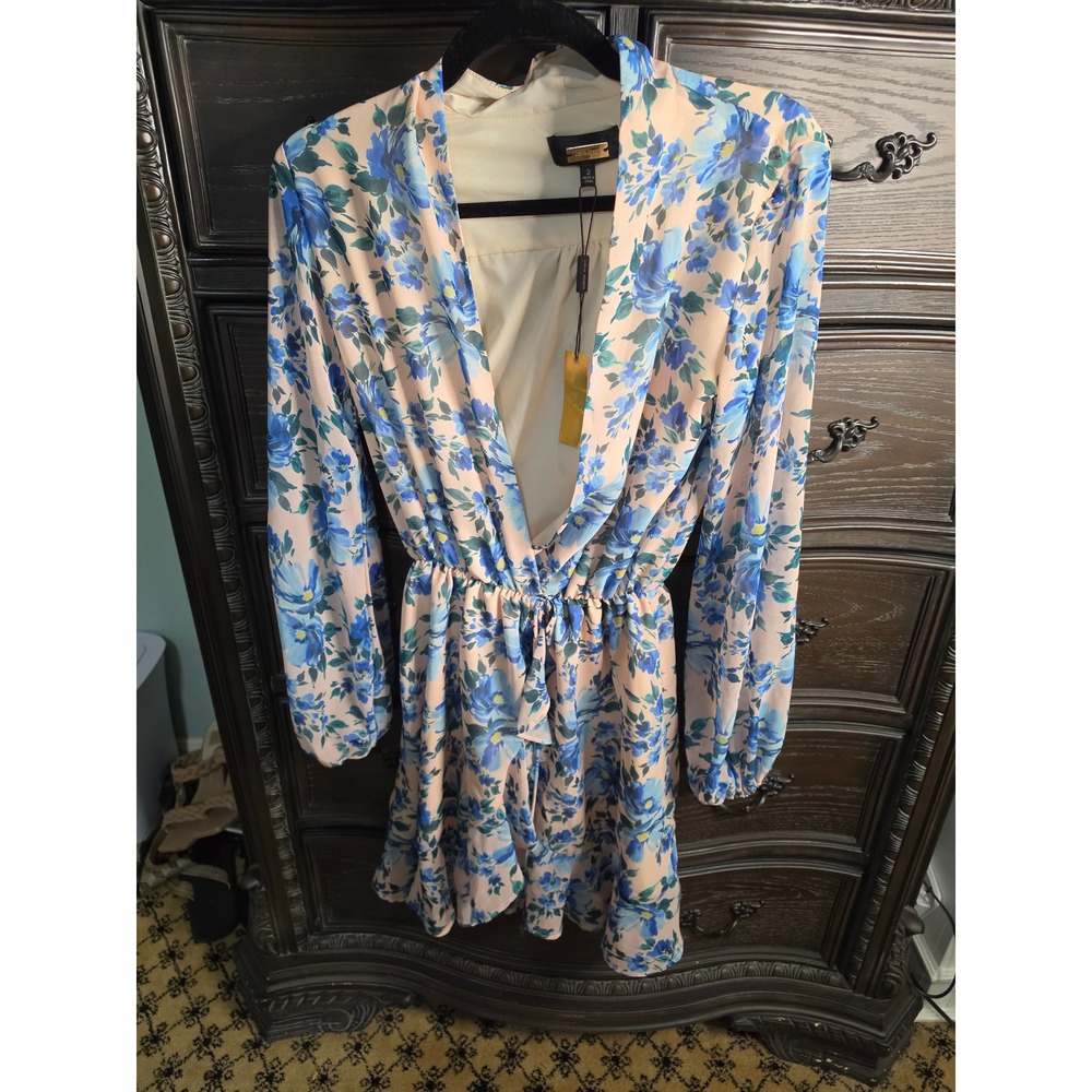 Alexia Admor Floral Mini Dress Peach Blue‎ V-Neck Long Sleeve Ruffle Size 2 NWT